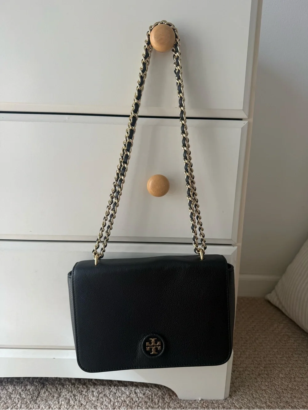 Tory Burch Black Leather Crossbody with Gold Chain Strap
